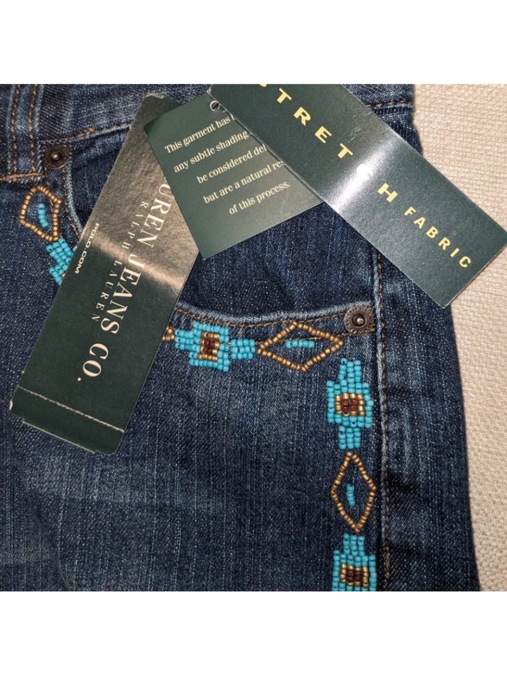 Ralph Lauren Dark Blue Straight Leg Jeans with Turquoise & Gold Bead Trim